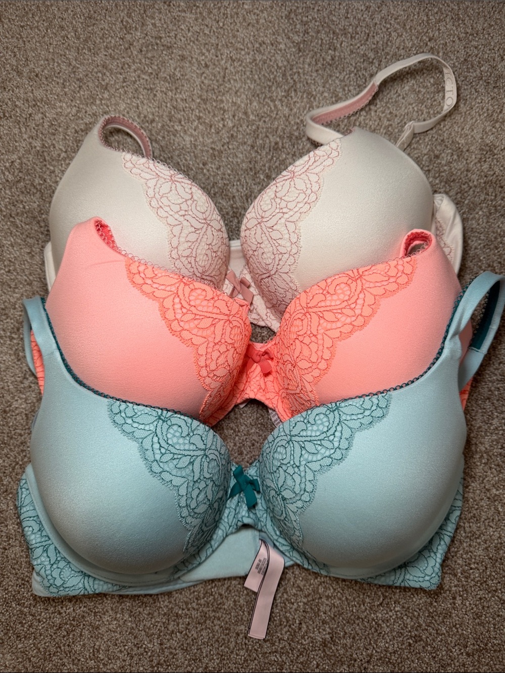 Victoria's Secret Perfect Shape Lace Trim Bra Set - Ivory, Coral, Aqua